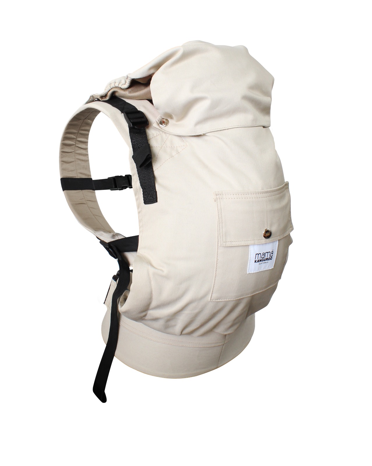 Ergokanguro beige, cargador tipo mochila con capucha y correas
